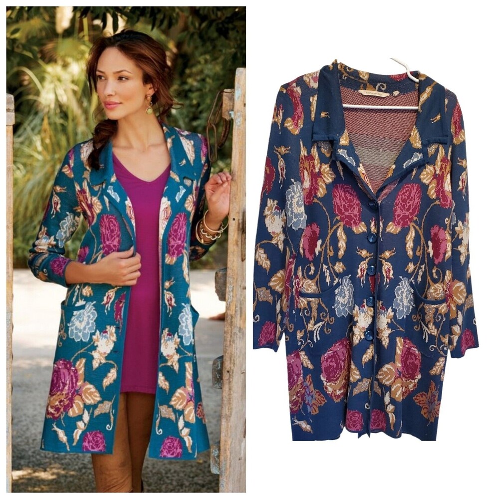 Soft Surroundings Large Cardigan Sweater Jacket Floral Blue Pockets Women small